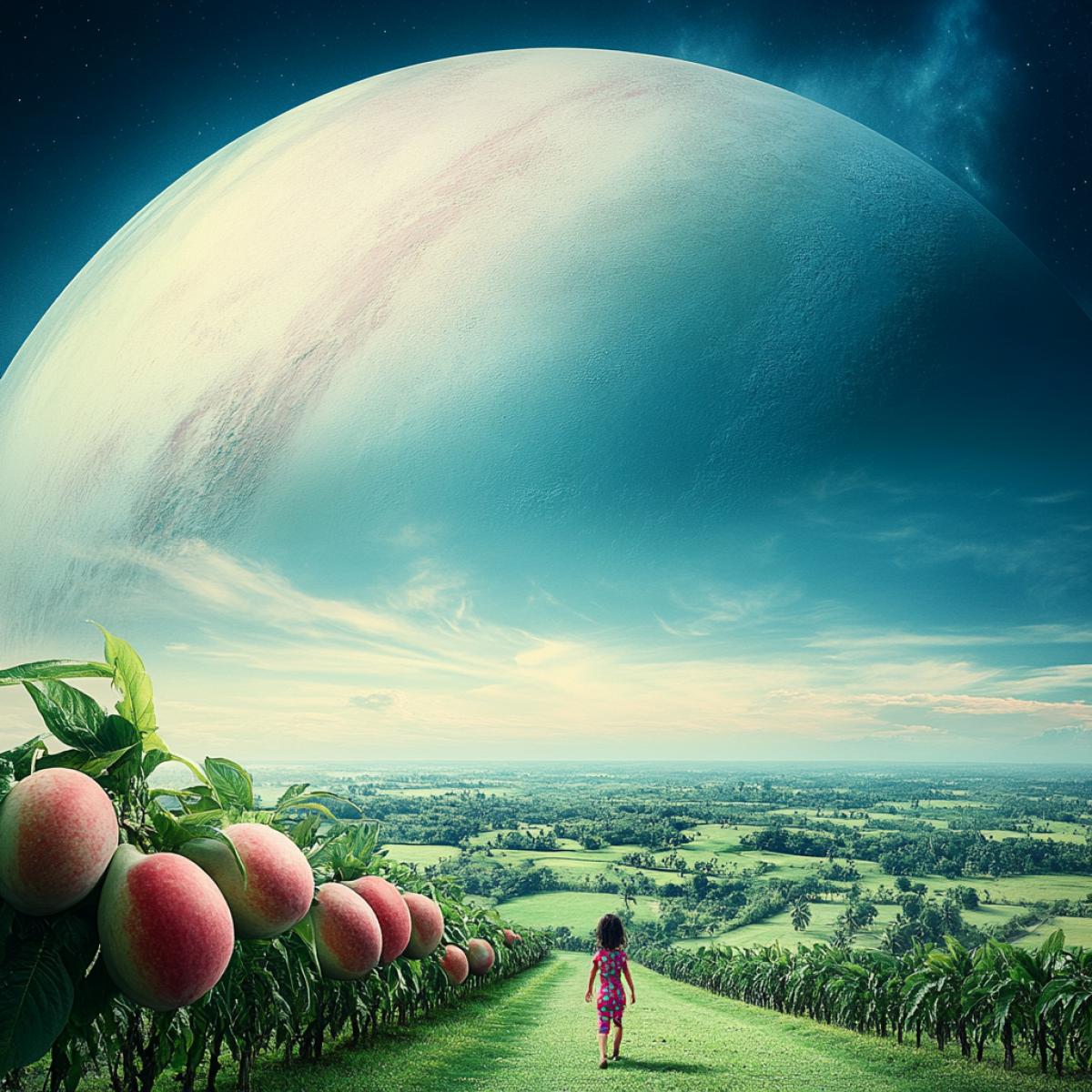 an terrestrial colony on a distant exoplanet in the constellation Alpha Centauri, a planet with terrestrial conditions, but with very unusual plants and animals. The colony consists of luxurious villas among agricultural plantations with exotic fruits. In the foreground is a little girl in a bright jumpsuit walking along a path among alien fruit bushes with big ripe fruits.