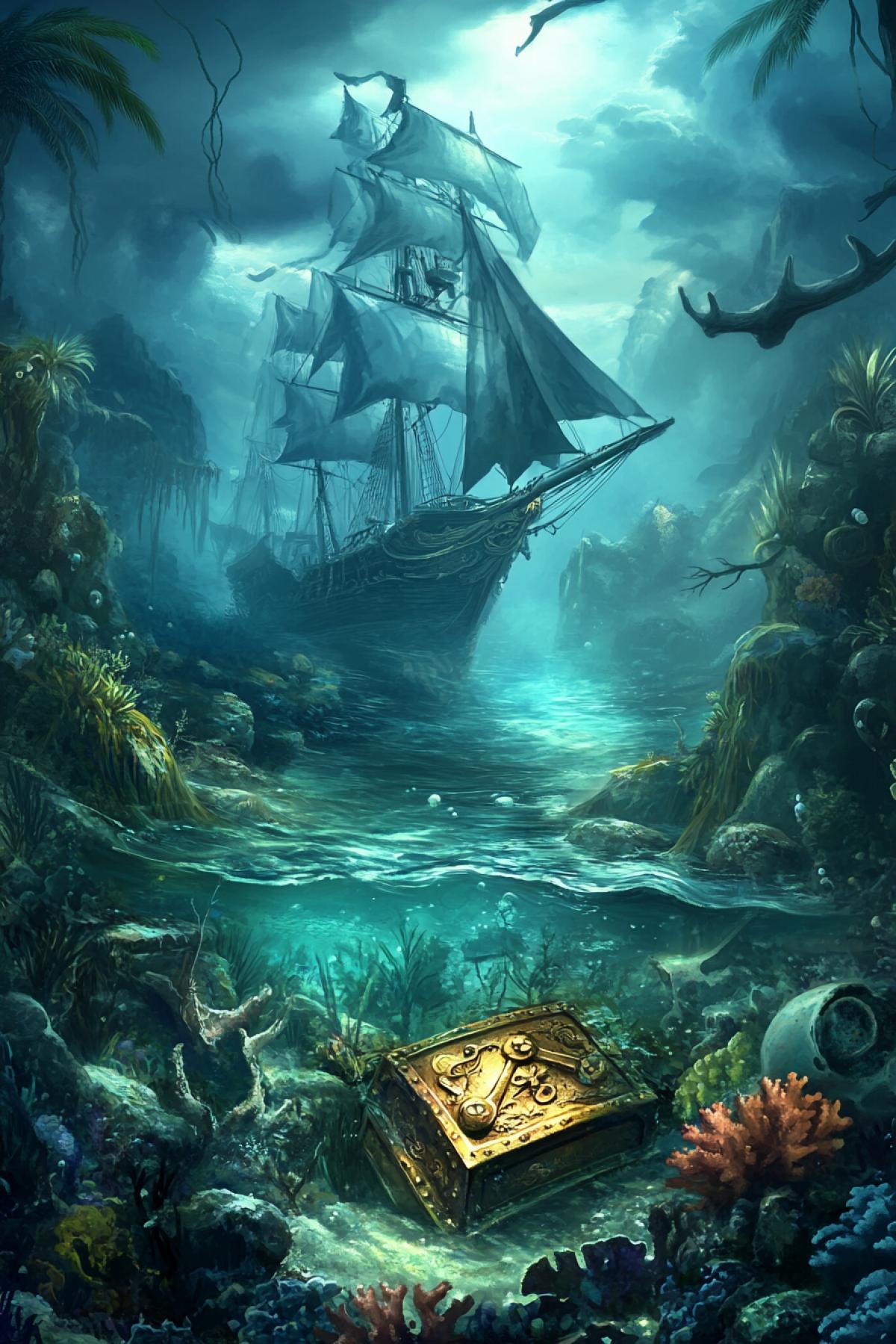 A dynamic surrealistic pirate treasure detailed from an underwater whirlwind of elements, against a seabed backdrop, all overgrown with coral and seaweed.