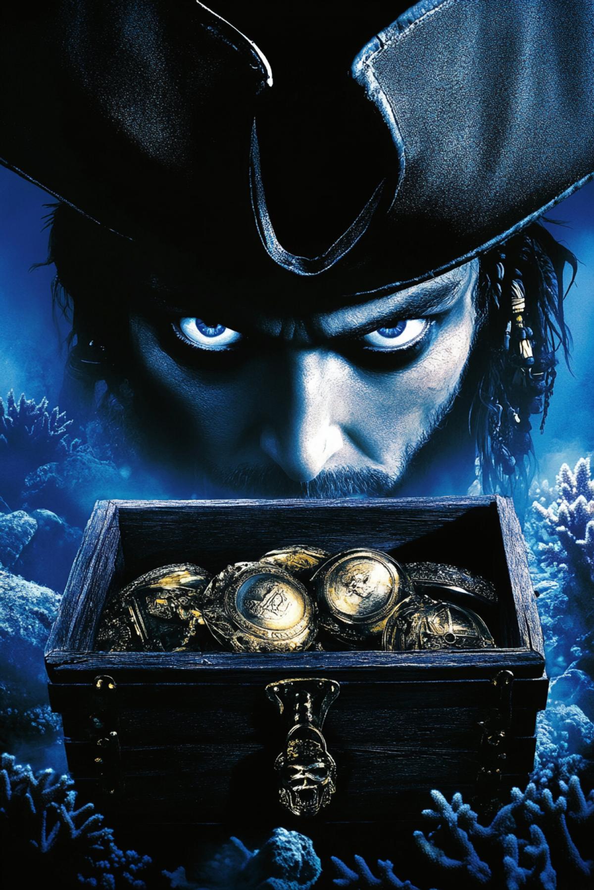 Impressive double exposure illustration depicting a silhouette of an old pirates face, with piercing eyes staring at an open treasure detailed. The detailed lies on the sea bed, surrounded by coral, creating a chilling and tense scene. The eerie atmosphere is enhanced by the contrast of bright colors and cinematic lighting, creating an exciting poster of a wild treasure hunt, perfect for fans of dark fantasy.