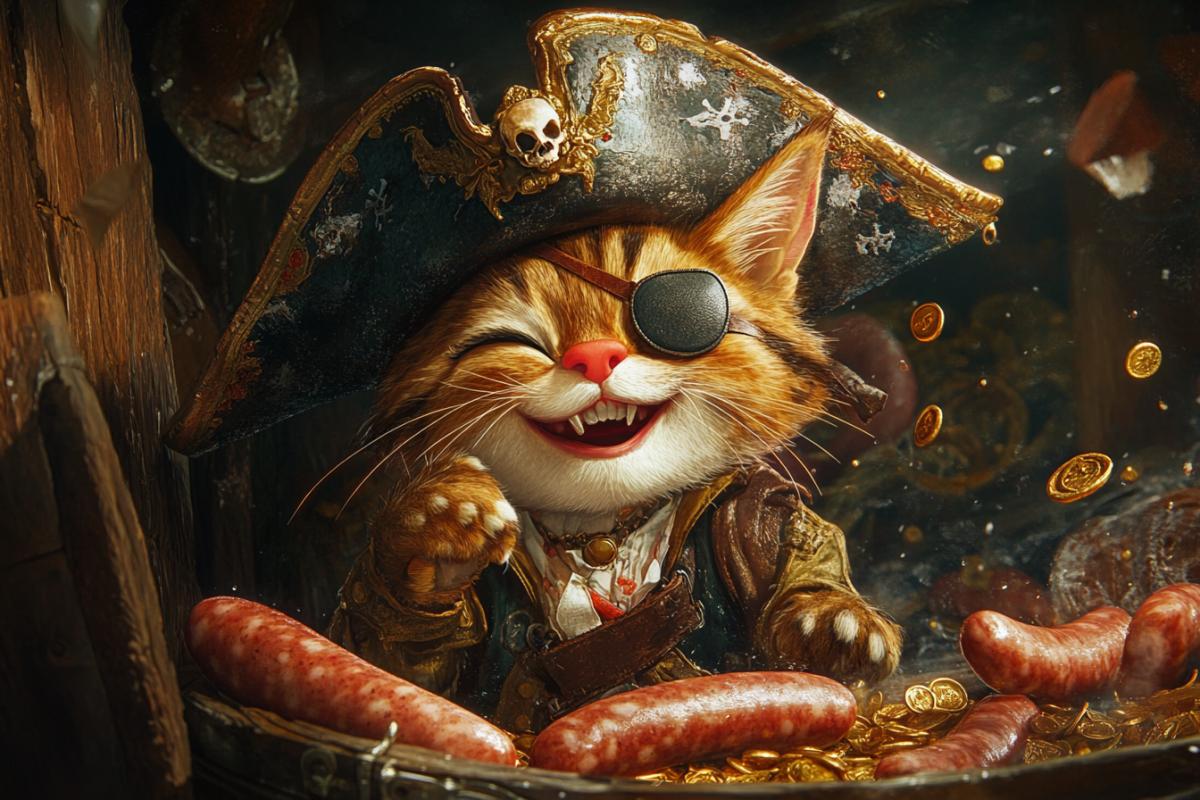 A happy pirate cat in a pirate cocked hat and an eye patch found a treasure detailed with sausage and fish in the form of sausage and fish pixar style