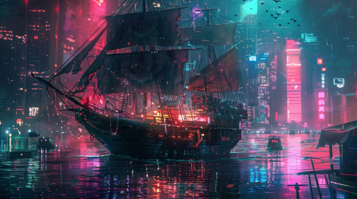 Pirate schooner in cyberpunk style, John Wick at the helm, blocker movie atmosphere
