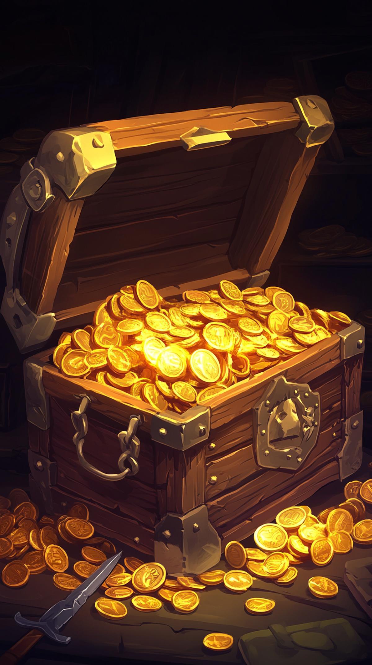 This promt describes a cartoonish open treasure detailed with gold coins spilling out of it.. The image is in the style of the game, with simple shapes on a dark background, with no shadows on the ground, giving it a flat, graphic look. . The style is cartoony, with a low level of detail and resolution, making it suitable for use as a game assortment.. The detailed, brightly colored and eye-catching, is filled with shiny gold coins that create a sense of wealth and adventure. A small sword and shield stick out from inside the detailed, adding a fantasy element and emphasizing the game theme. . This image is perfect for creating an atmosphere of adventure in games, sparking interest and a desire to explore the world of treasure.