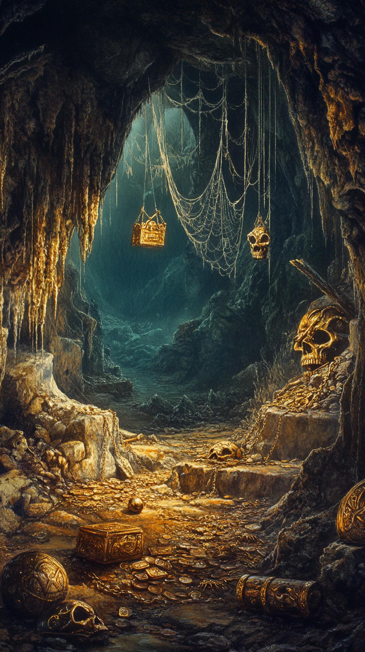 Cave with pirate treasures, cobwebs, detaileds with gold skeletons