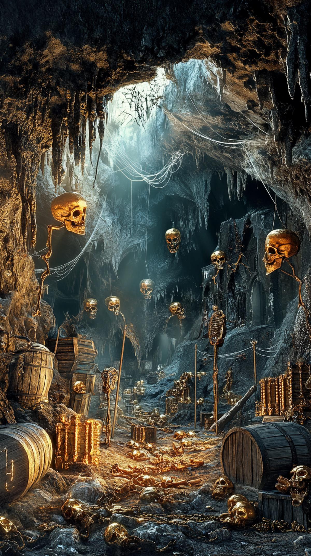 Cave with pirate treasures, cobwebs, detaileds with gold skeletons