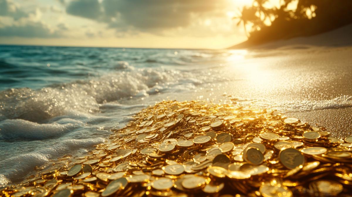 On the seashore, the beach of a desert island, gold coins, diamonds, a lot of gold, waves are scattered