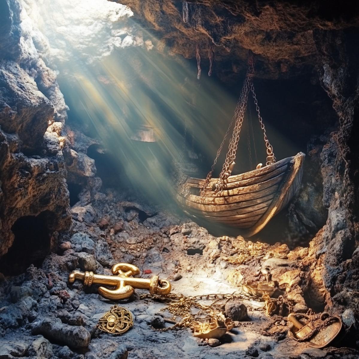 Treasures in a pirate cave grotto. Remains of a ship, golden anchor