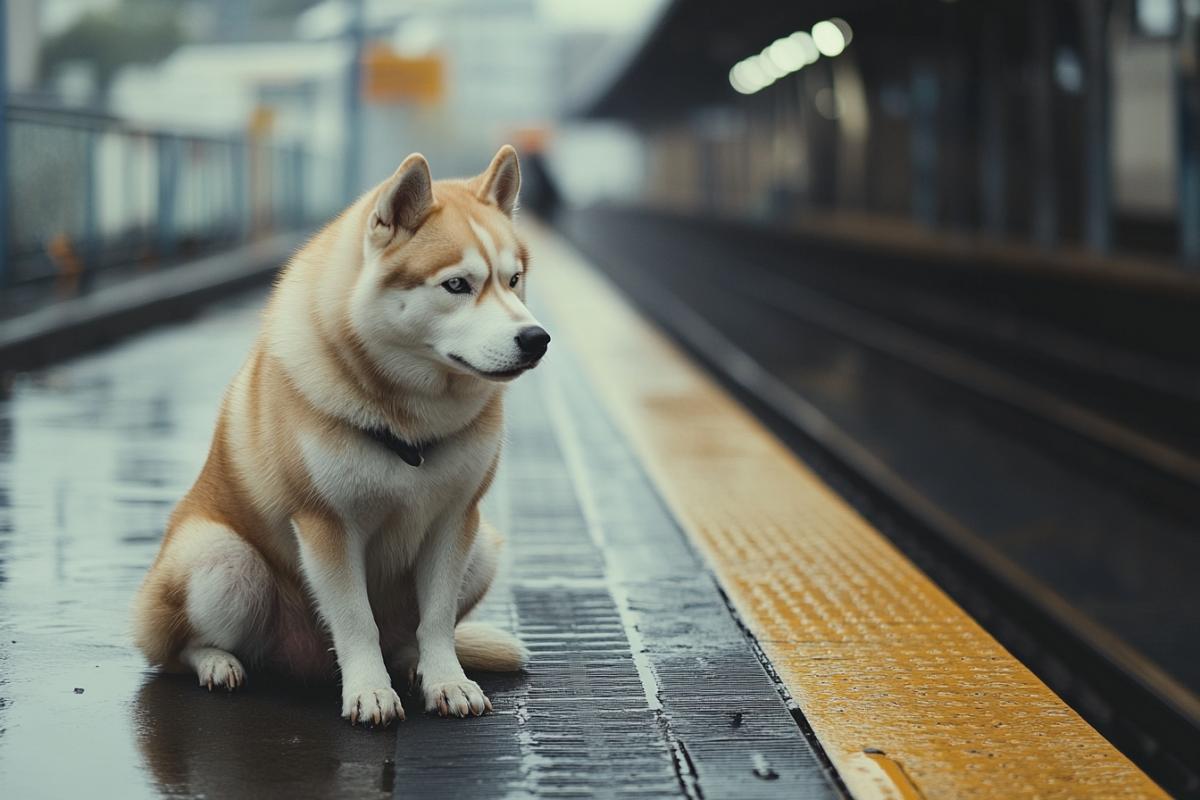 Husky dog ​​Hachiko is waiting for his owner on the platform, melancholy, sadness, loneliness, hungry and thin