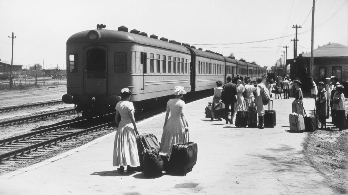 Soviet-era railway station. An approaching train, people with luggage are waiting, someone is seeing off those leaving