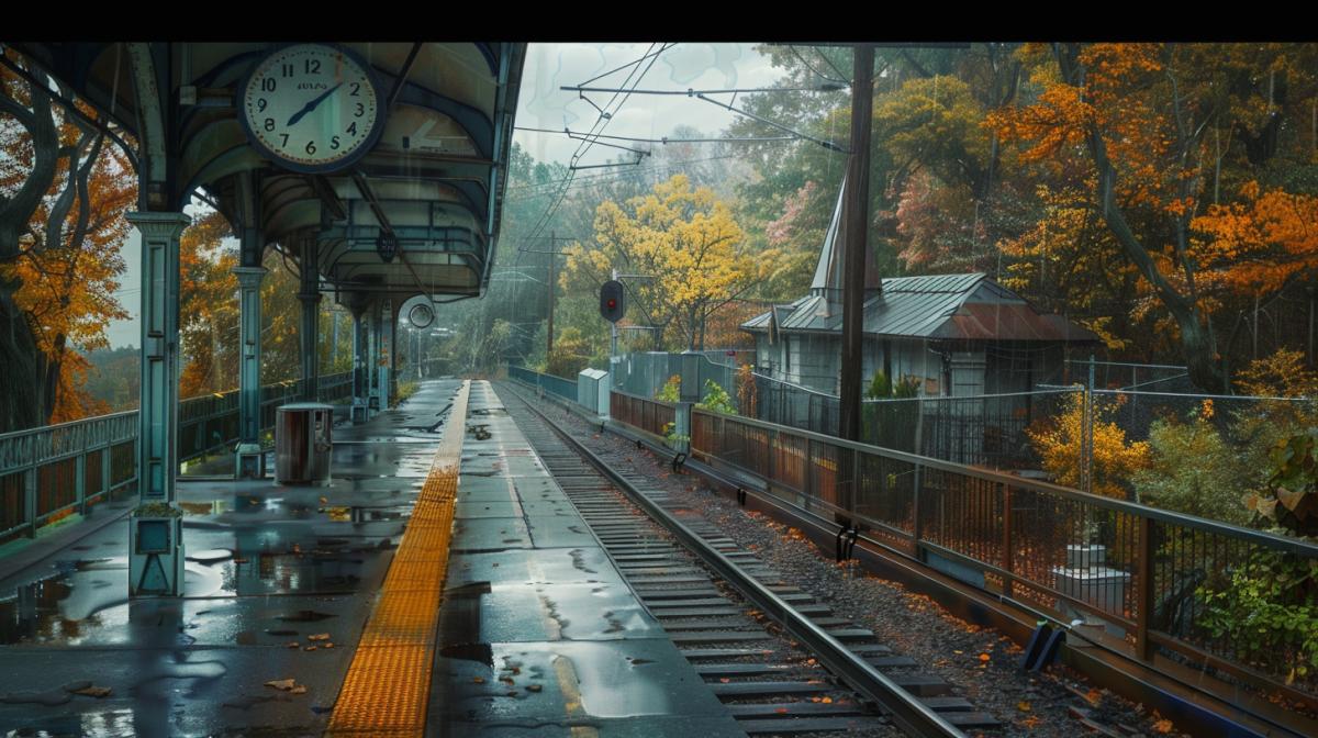 Suburban station platform in the rain, atmosphere of parting, autumn
