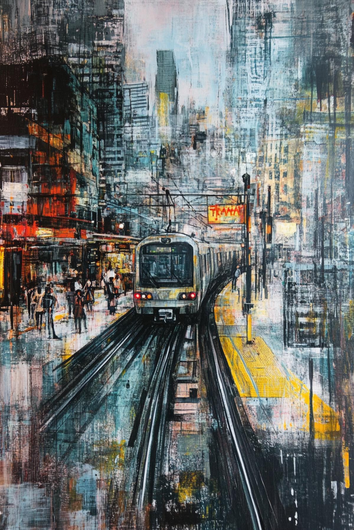 On the platform, train, maximalism, fusion, movement, future, realistic image