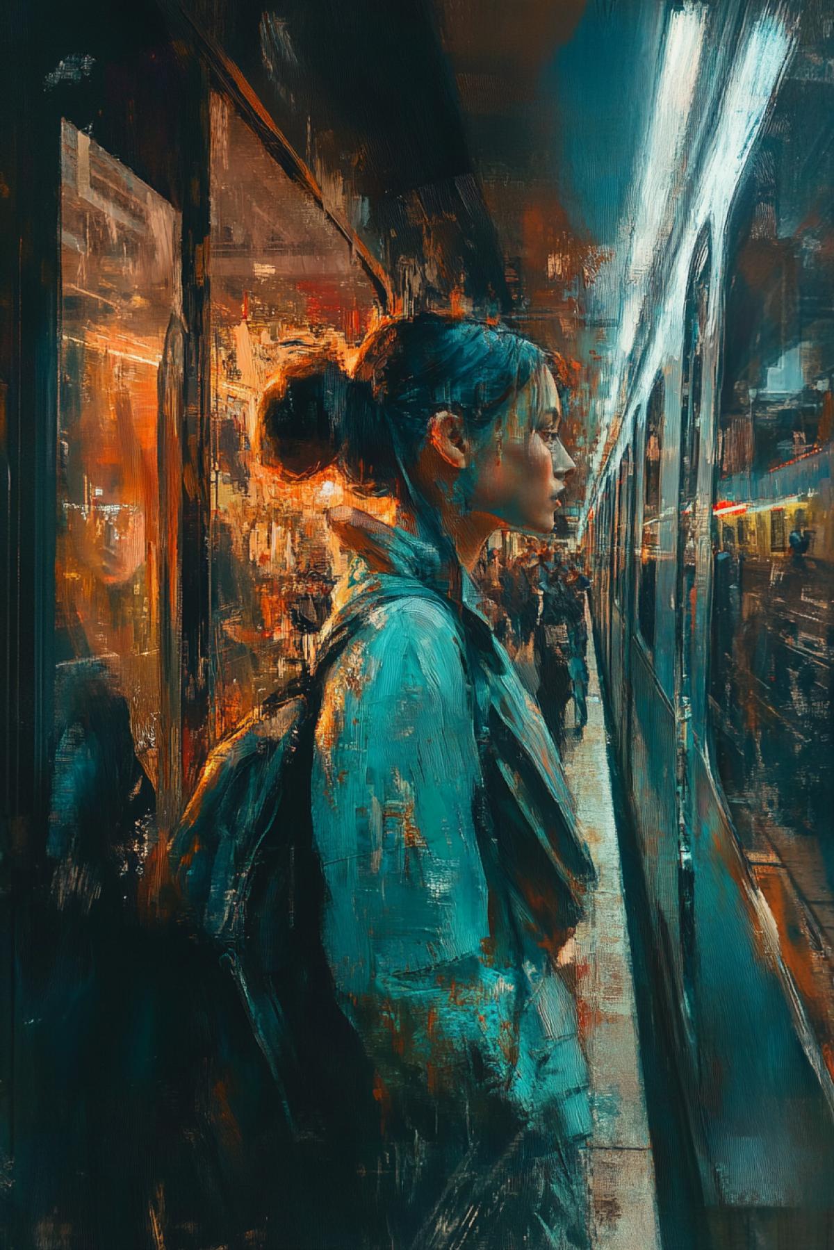 On the platform, train, maximalism, fusion, movement, future, realistic image