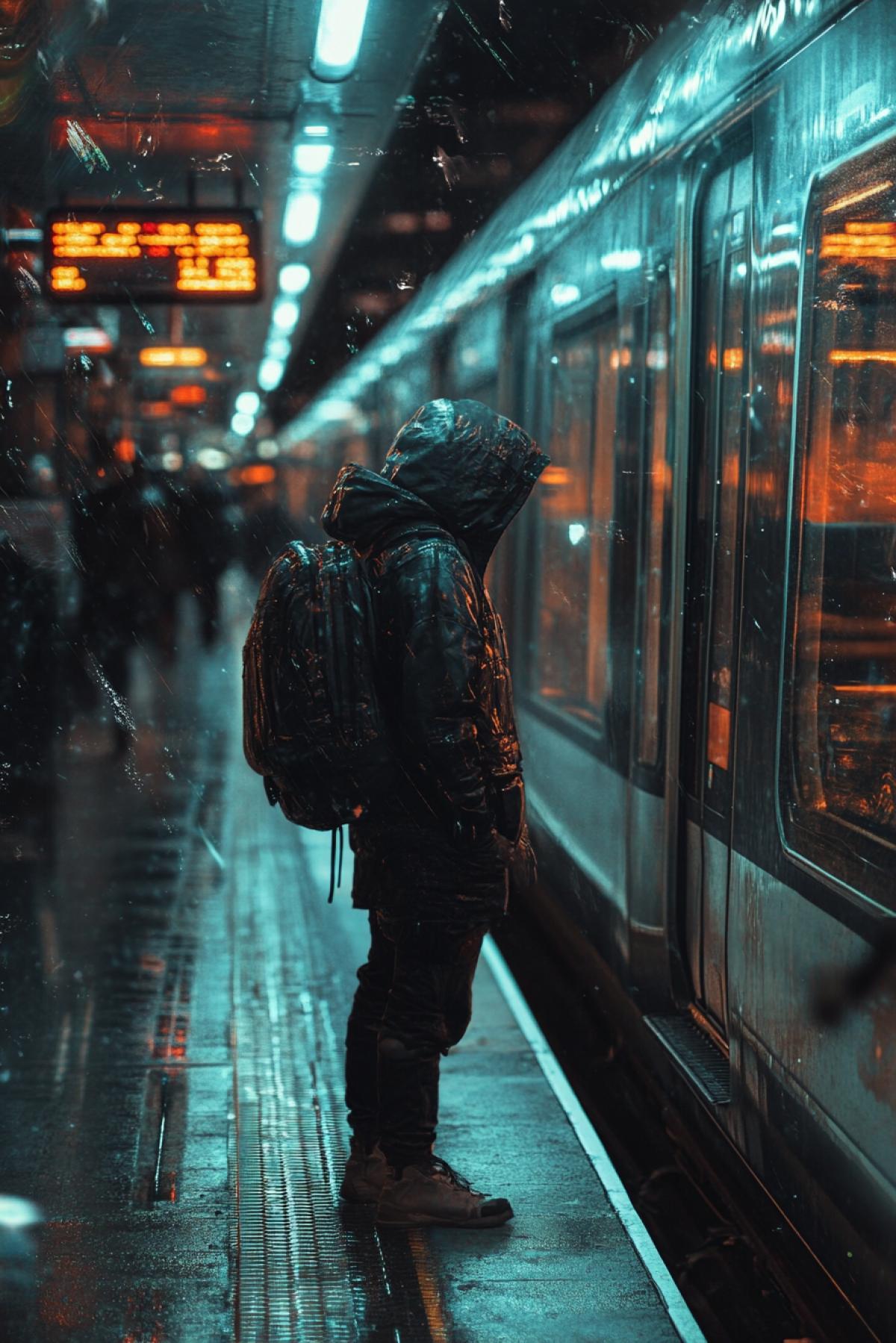 On the platform, train, maximalism, , movement, future, realistic image, flickering, photoshop