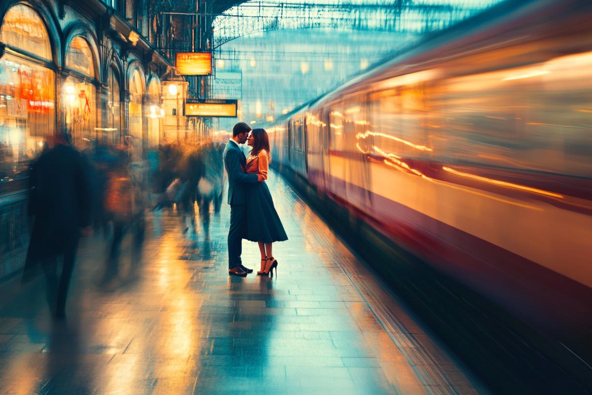 Realistic photo, railway station, trains, A man and a woman in love are standing on the platform, people are rushing past, they are in motion blur,