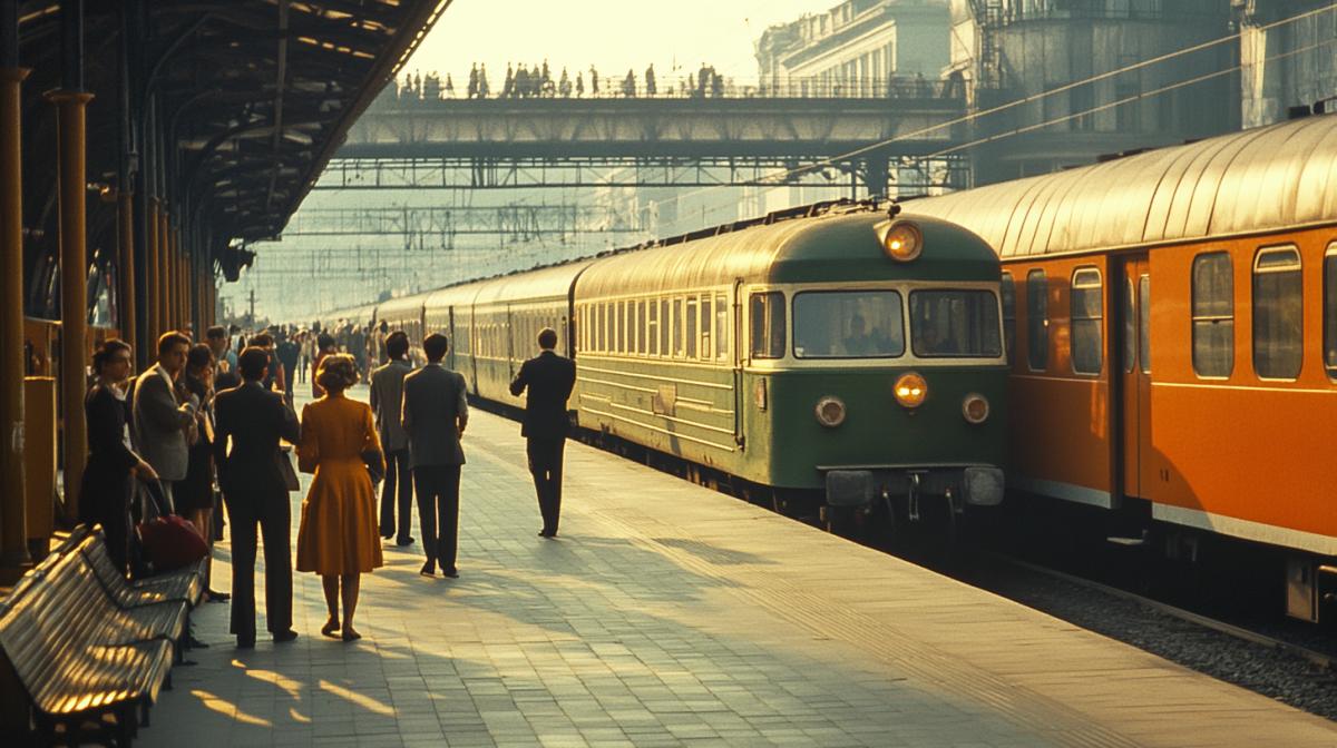 City busy railway station, platform people greet the arriving train. Architecture of the 60s