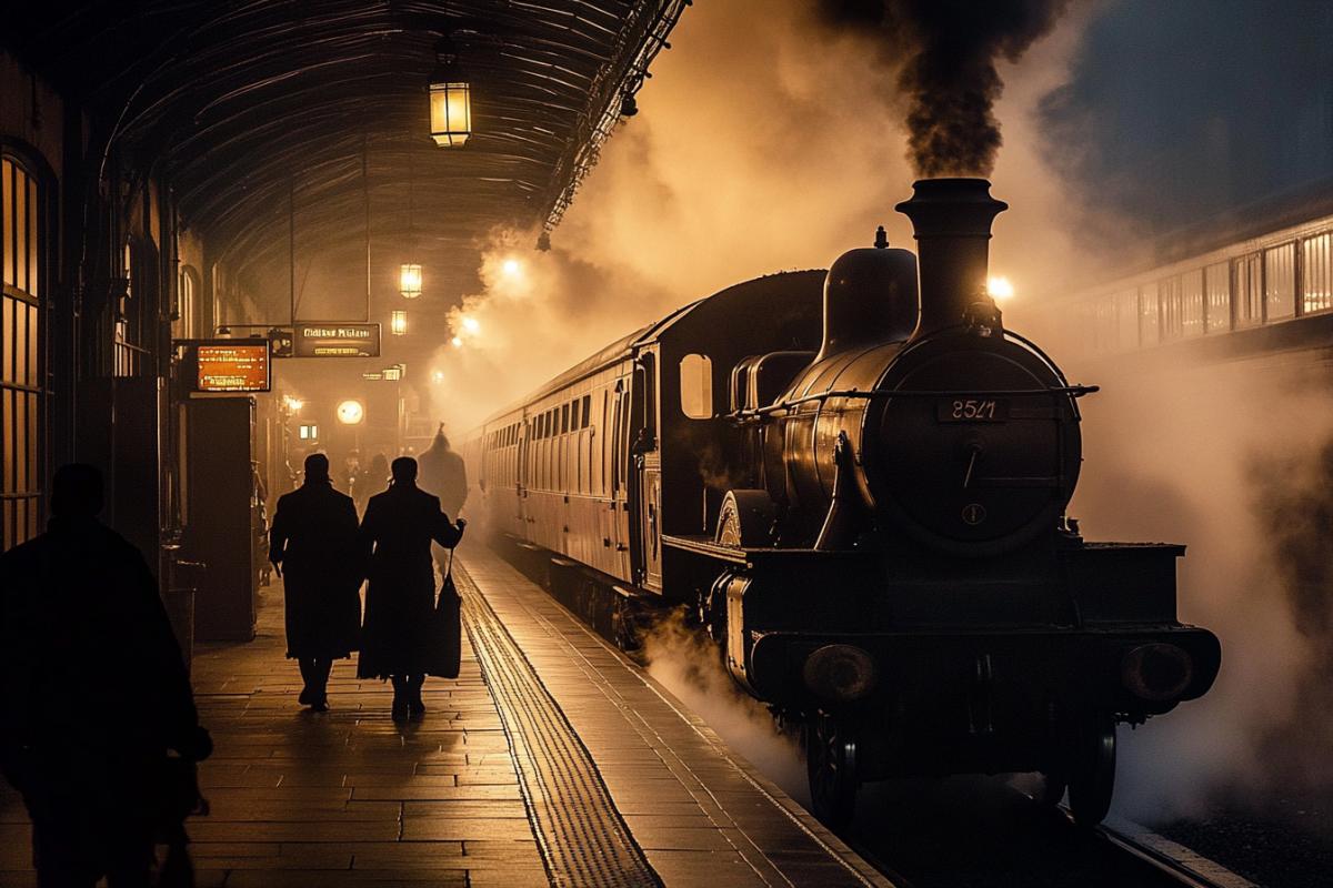 Atmospheric photo of an old railway station from the early 20th century, platform, people, trains, beautiful lighting like in a movie