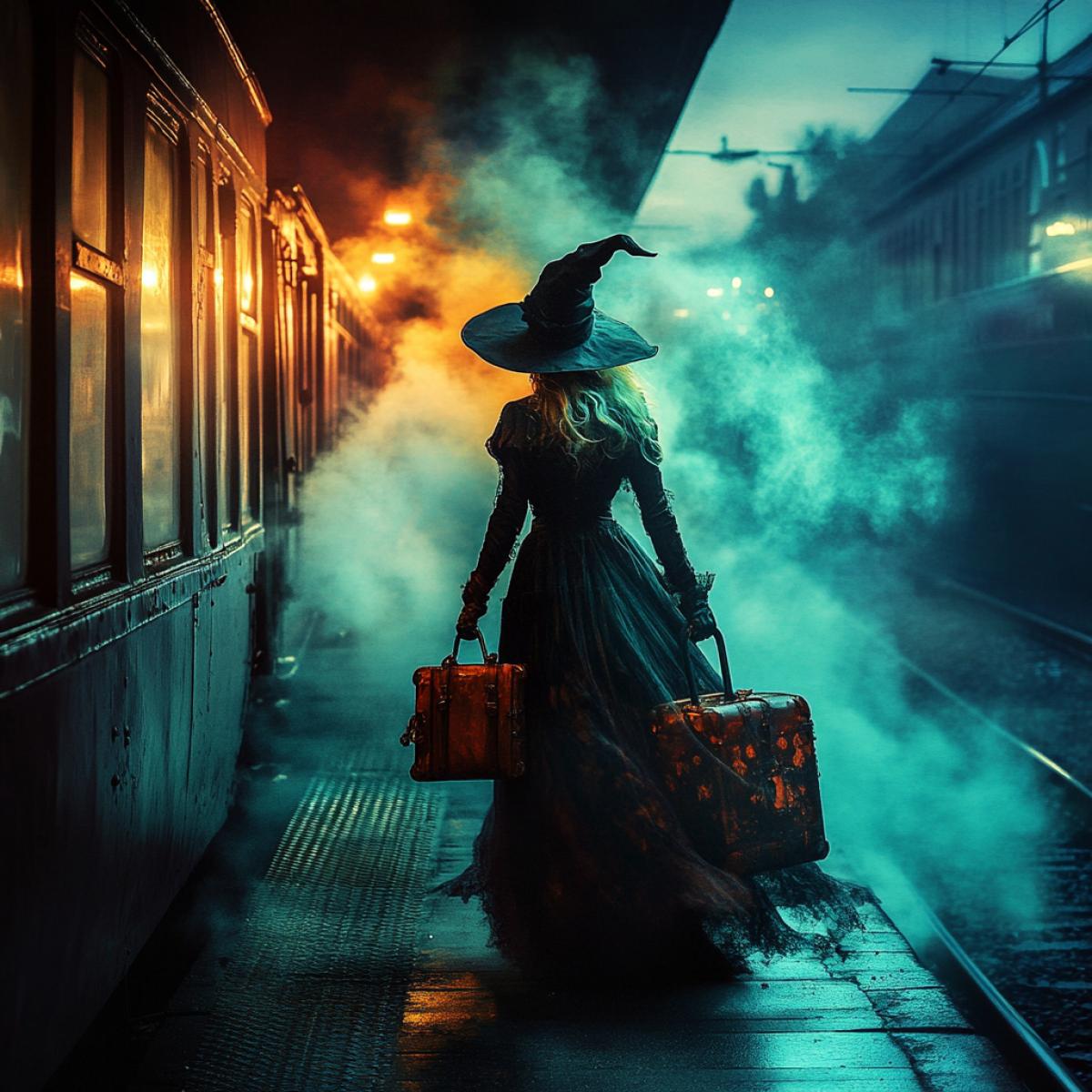 Mysterious fairytale atmosphere, railway platform, steam locomotive, Witch with suitcase, horror, dramatic colors, 1800s