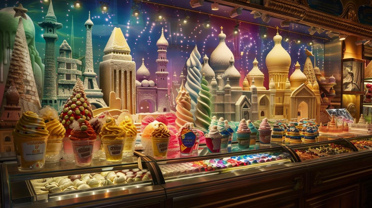 Ice cream in the form of wonders of the world: Alexandria Lighthouse, Taj Mahal, Cheops pyramids, Moscow City skyscrapers, Big Ben, Westminster Castle, located on the ice cream display, the display case goes into the distance, a fantasy ice cream shop, mystic atmosphere, contour lighting