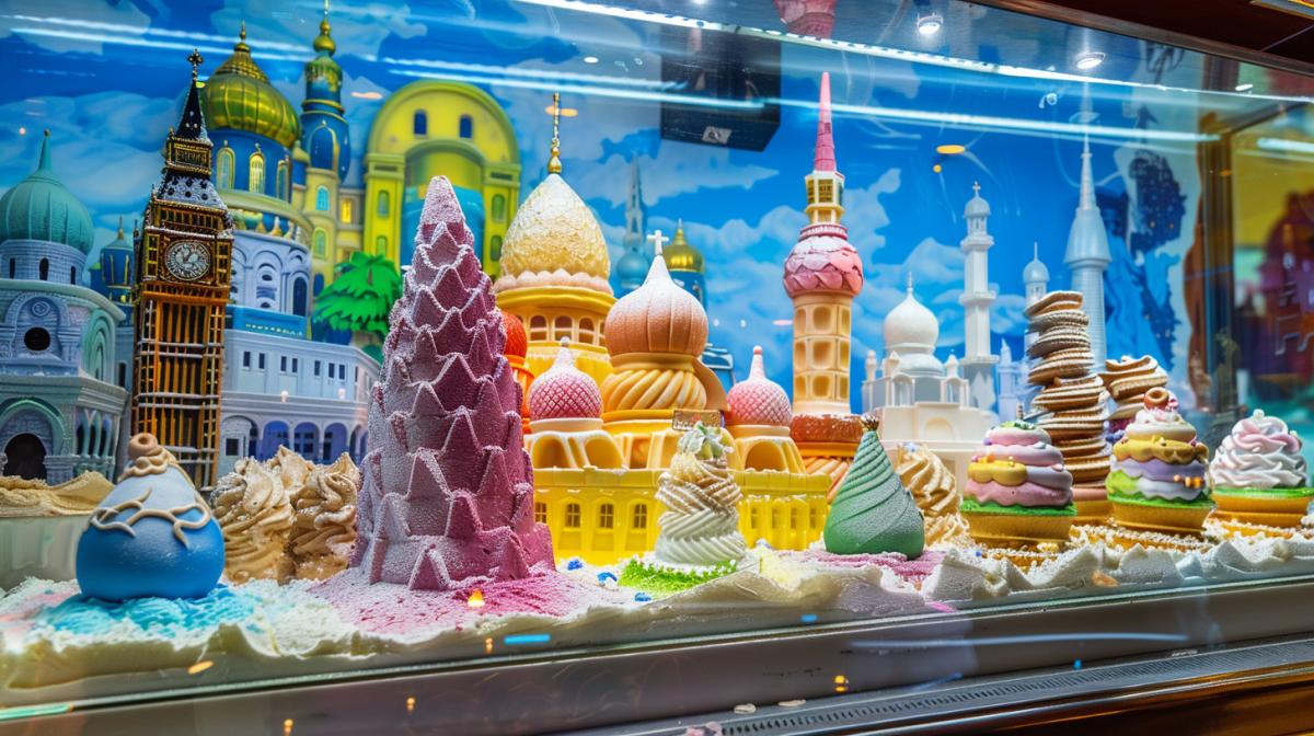 Ice cream in the form of wonders of the world: Alexandria Lighthouse, Taj Mahal, Cheops pyramids, Moscow City skyscrapers, Big Ben, Westminster Castle, located on the ice cream display, the display case goes into the distance, a fantasy ice cream shop, mystic atmosphere, contour lighting