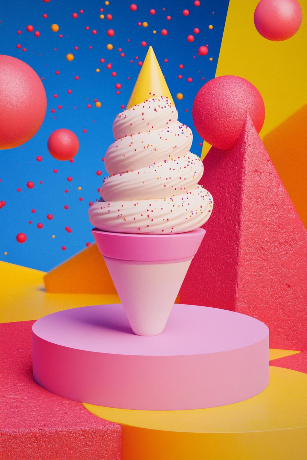 Ice cream museum, minimalism, avant-garde, exhibits, psychedelic, flickering, realistic image, photoshop