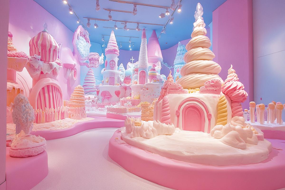 Fairytale city made of ice cream, exhibition in the museum of ice cream, bright, fantasy, realistic