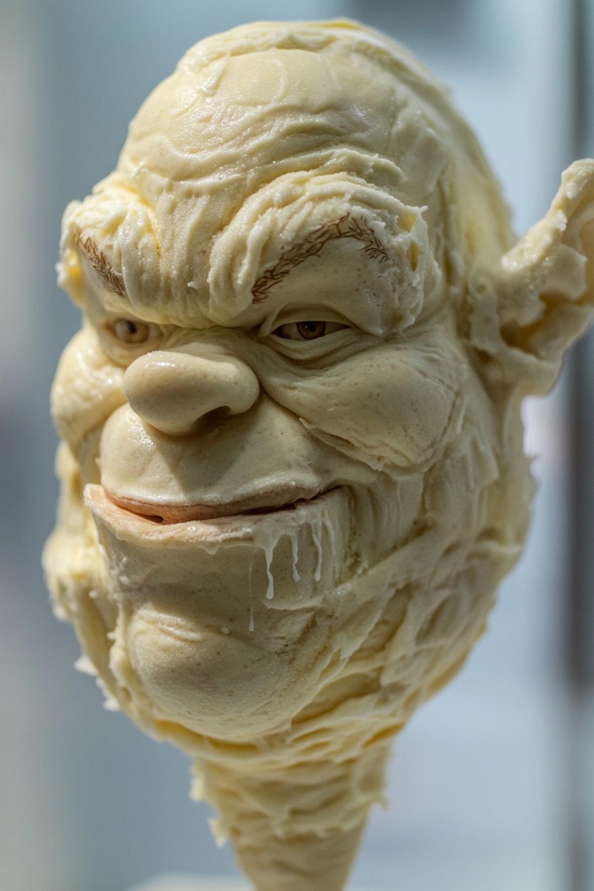Ice cream formed in the head of Shrek, ice cream texture, museum, expo