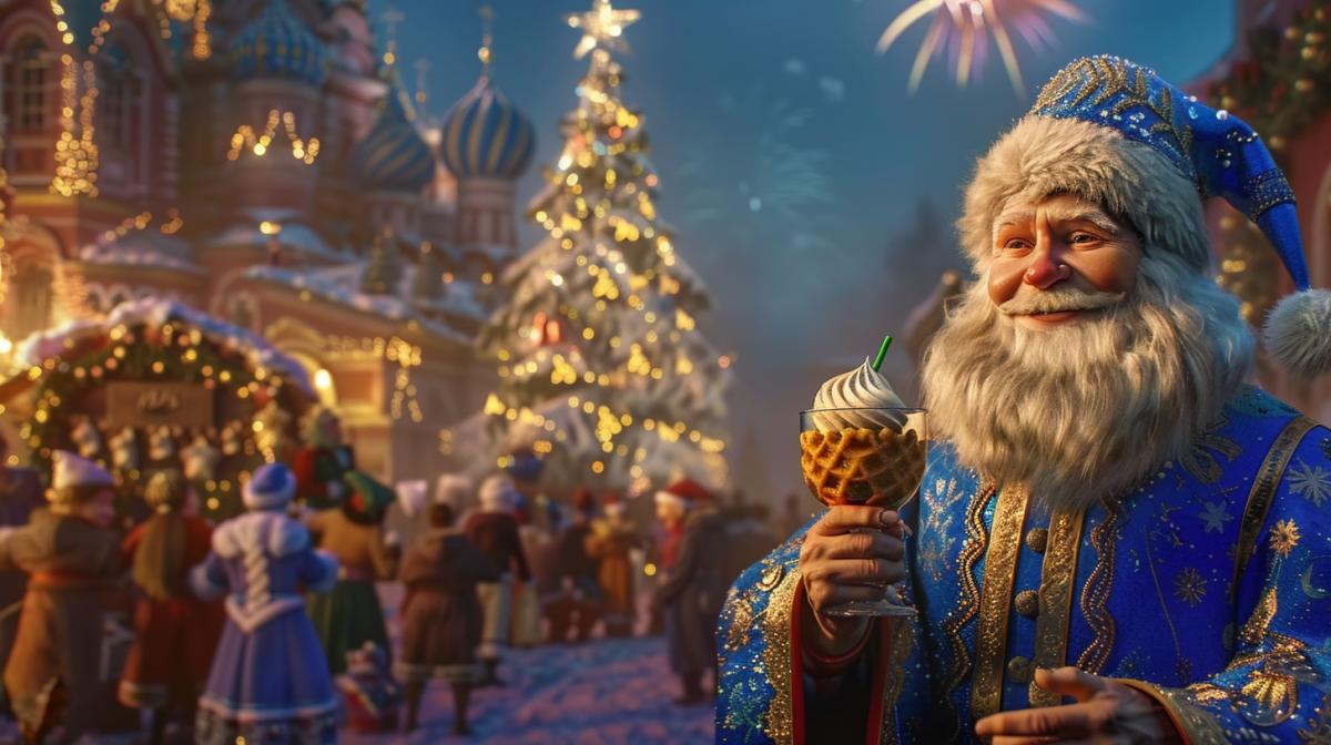 In the foreground, smiling Santa Claus in a blue caftan holds out a waffle glass with a bright ball of ice cream in the camera, in the background there is a round dance of forest animals and children in New Years costumes around a dressed up Christmas tree in a clearing in a fairy-tale forest, fireworks, the atmosphere of a fairy-tale holiday, Russian fairy tales, photography 4K