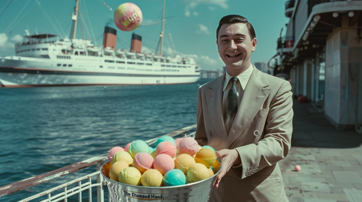 In the foreground, smiling actor Andrei Mironov in a low-tide suit holds out a large silver bucket with bright balls of ice cream into the camera, in the background is a cruise ship near the pier on the embankment of Yalta, the atmosphere of the film \"The Diamond Hand,\" Russian films, a frame in the colors of a movie of the 80s