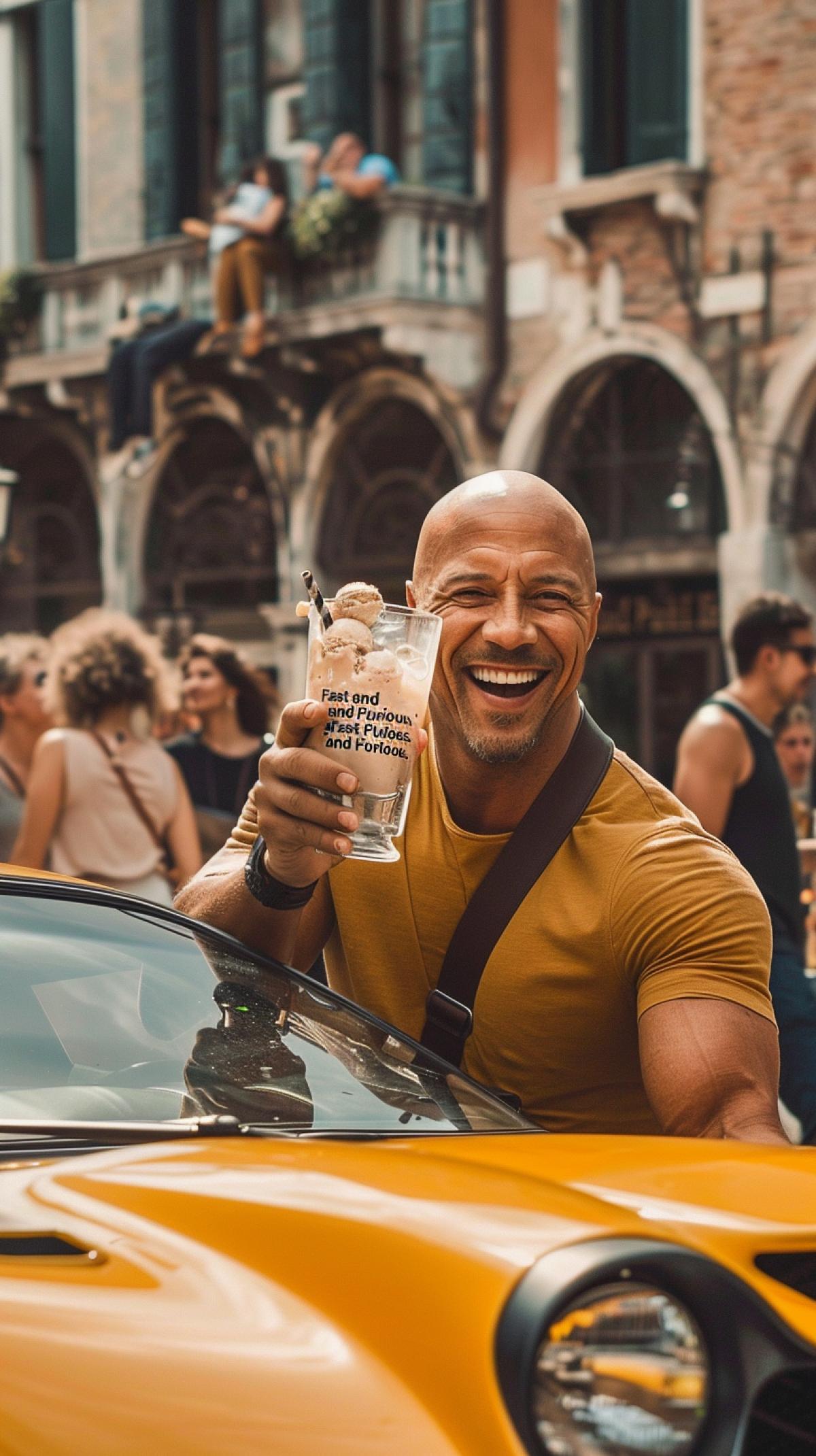 In the foreground, a smiling Dominic Toretto with a shotgun draped over his shoulder holds a big glass of ice cream into the camera, in the background the characters in the movie \"Fast and Furious\" eat ice cream and laugh, the atmosphere of the movie \"Fast and Furious,\" sports cars, track in Italy