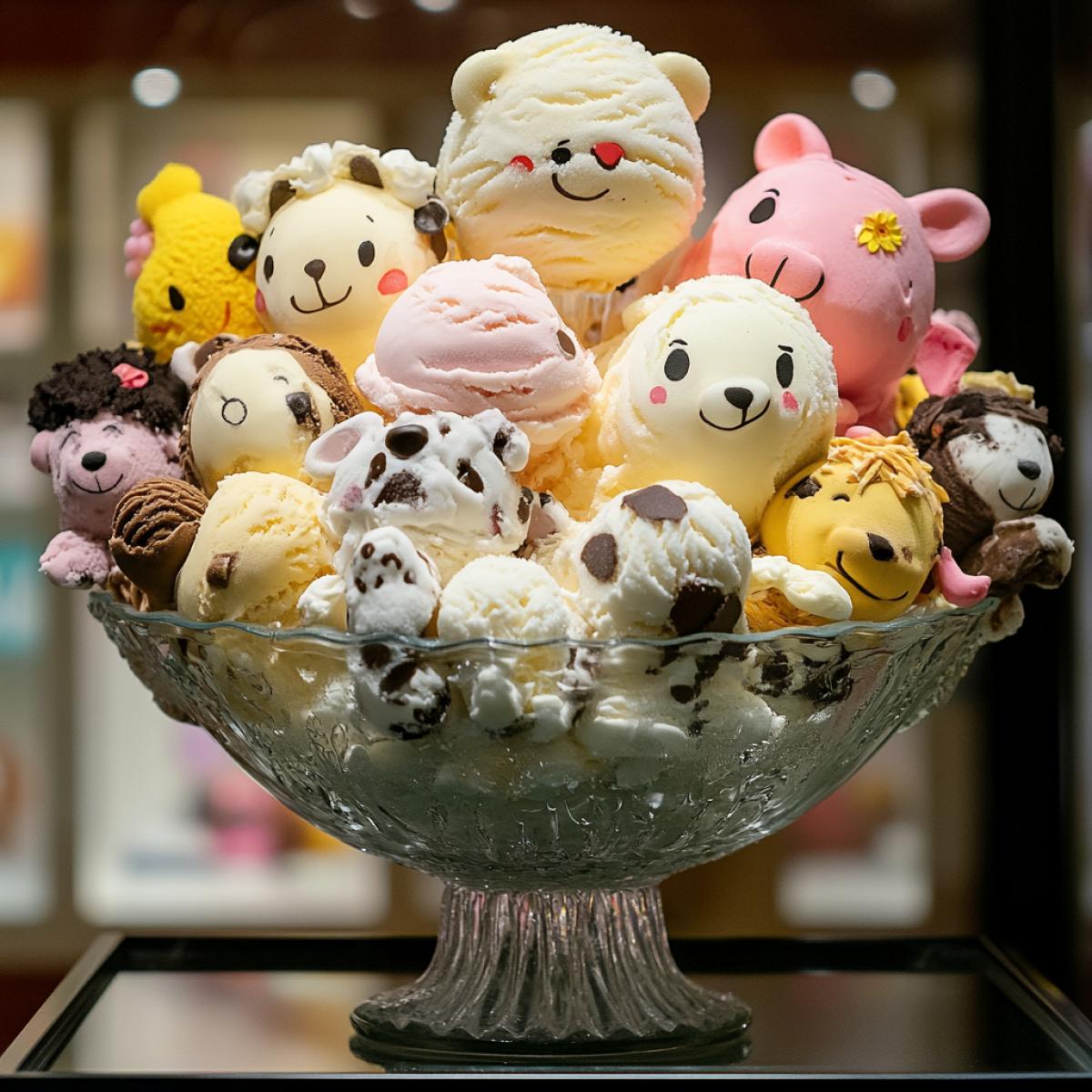 Museum exhibit of ice cream in the form of a close-knit group of animals