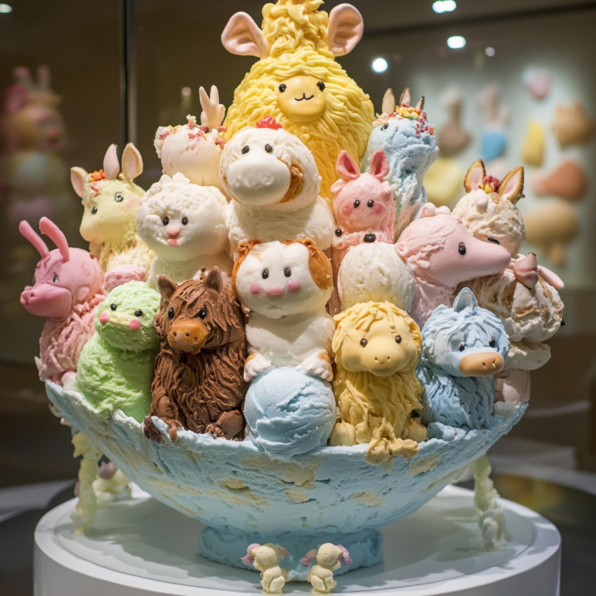 Museum exhibit of ice cream in the form of a close-knit group of animals