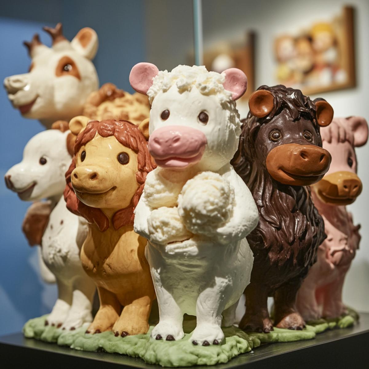 Museum exhibit of ice cream in the form of a close-knit group of animals