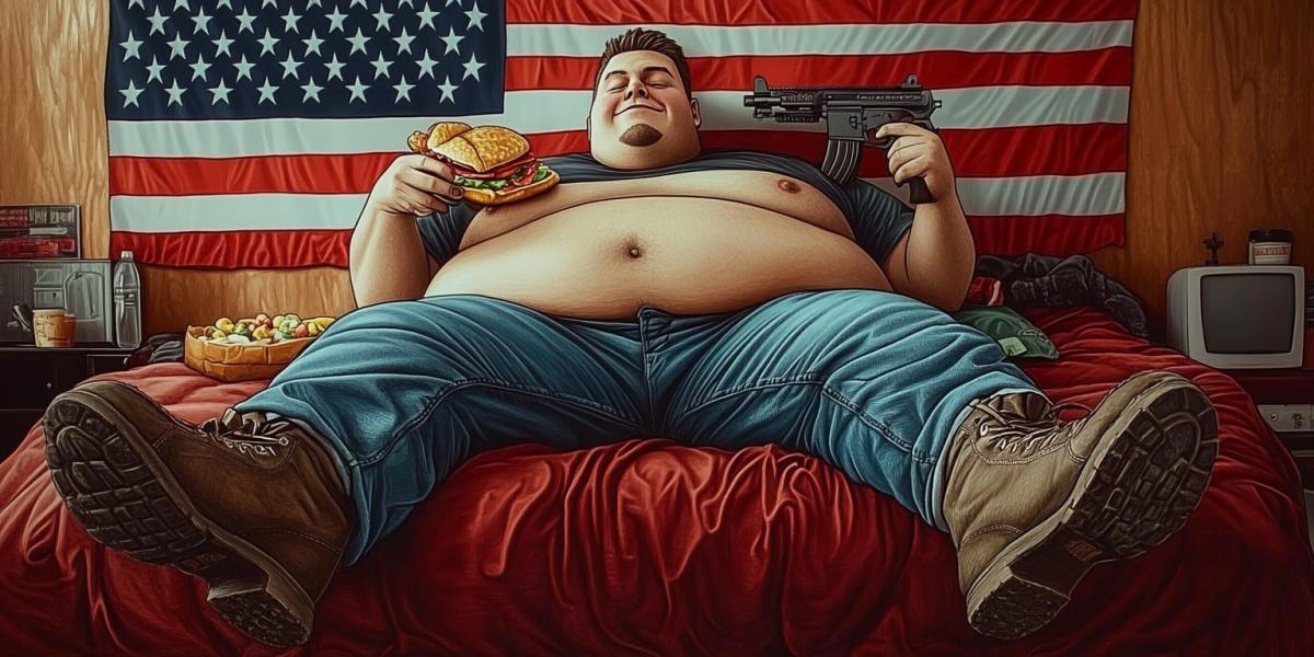 A fat man in boots is lying on a bed and eating fast food. There is a gun on the bed, a machine gun. The man is smiling. The American flag is depicted in the background. Realistic