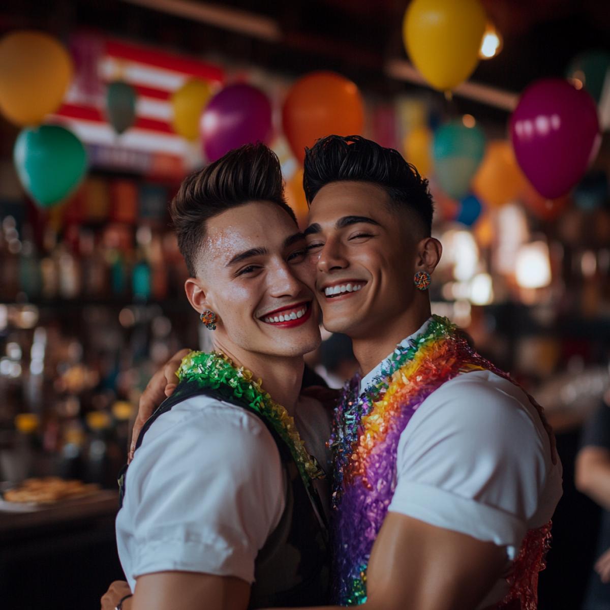 Men in full height, with earrings, with makeup, smiling broadly, hugging a dark man. In the background there is a bar, fast food, alcohol, an American flag. Realistic photo