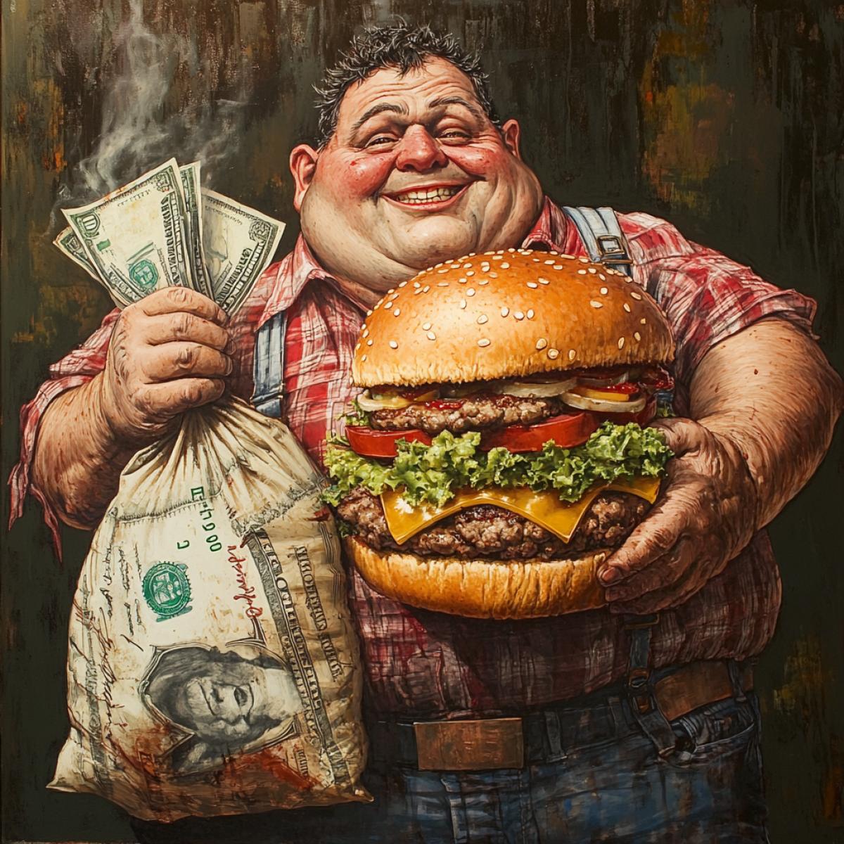 Dumb fat American with a big burger and a big bag of dollars