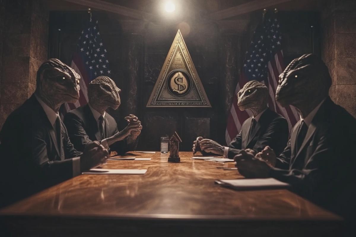 Secret meeting of American Masons and Reptilians, world conspiracy, American elite, American flag, dollars, Masonic symbols, secret society, wealth, humor