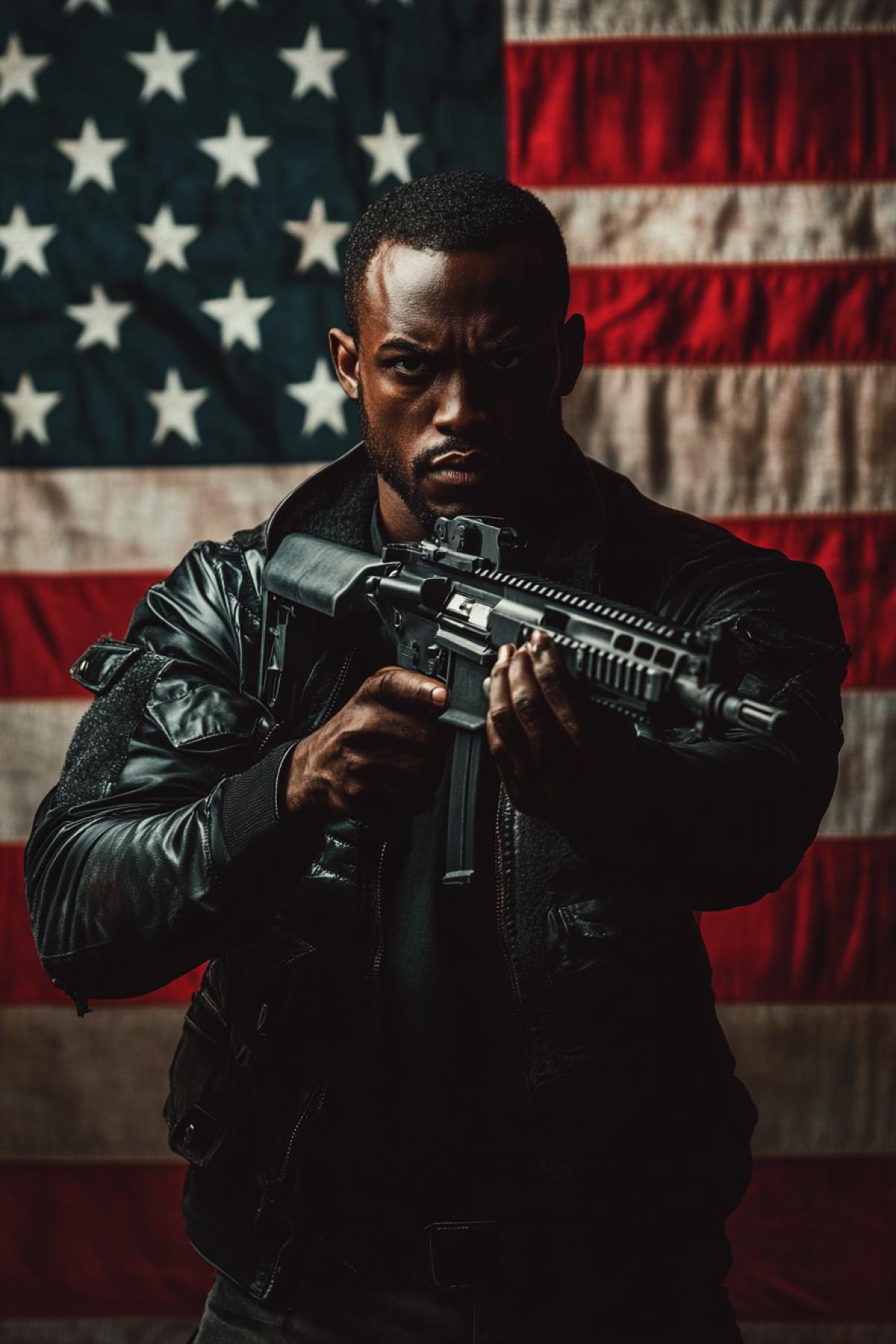 A dark-skinned man holds a machine gun in his hands against the background of the US flag