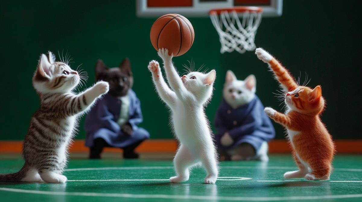 A white kitten, a dark kitten, a red kitten are playing basketball, throwing a basketball into a basketball basket, in the background, cats in clothes are sitting on the podium watching the match, scoreboard, green grass