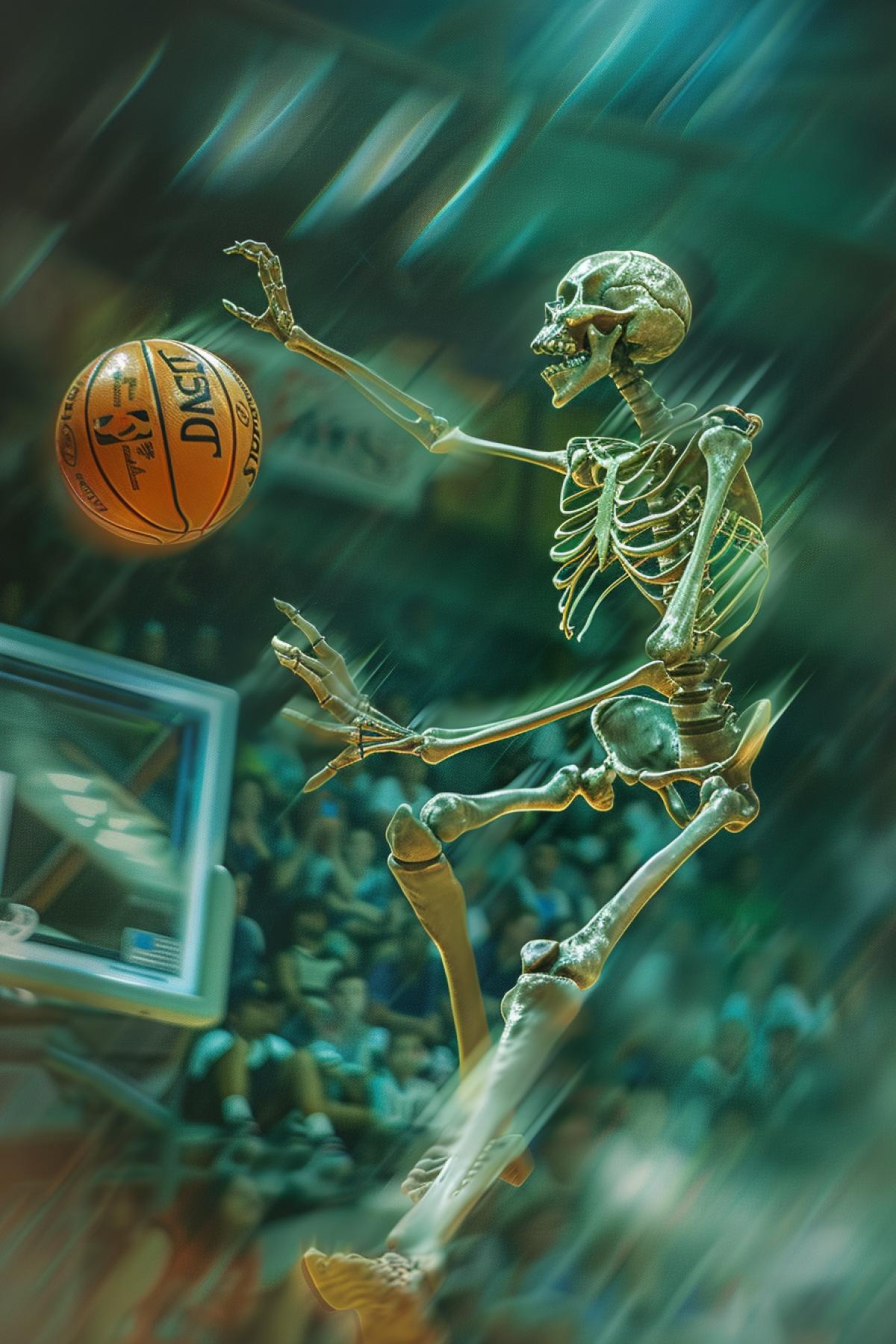 Skeleton in NBA uniform plays basketball, background blurred, skeleton is about to score