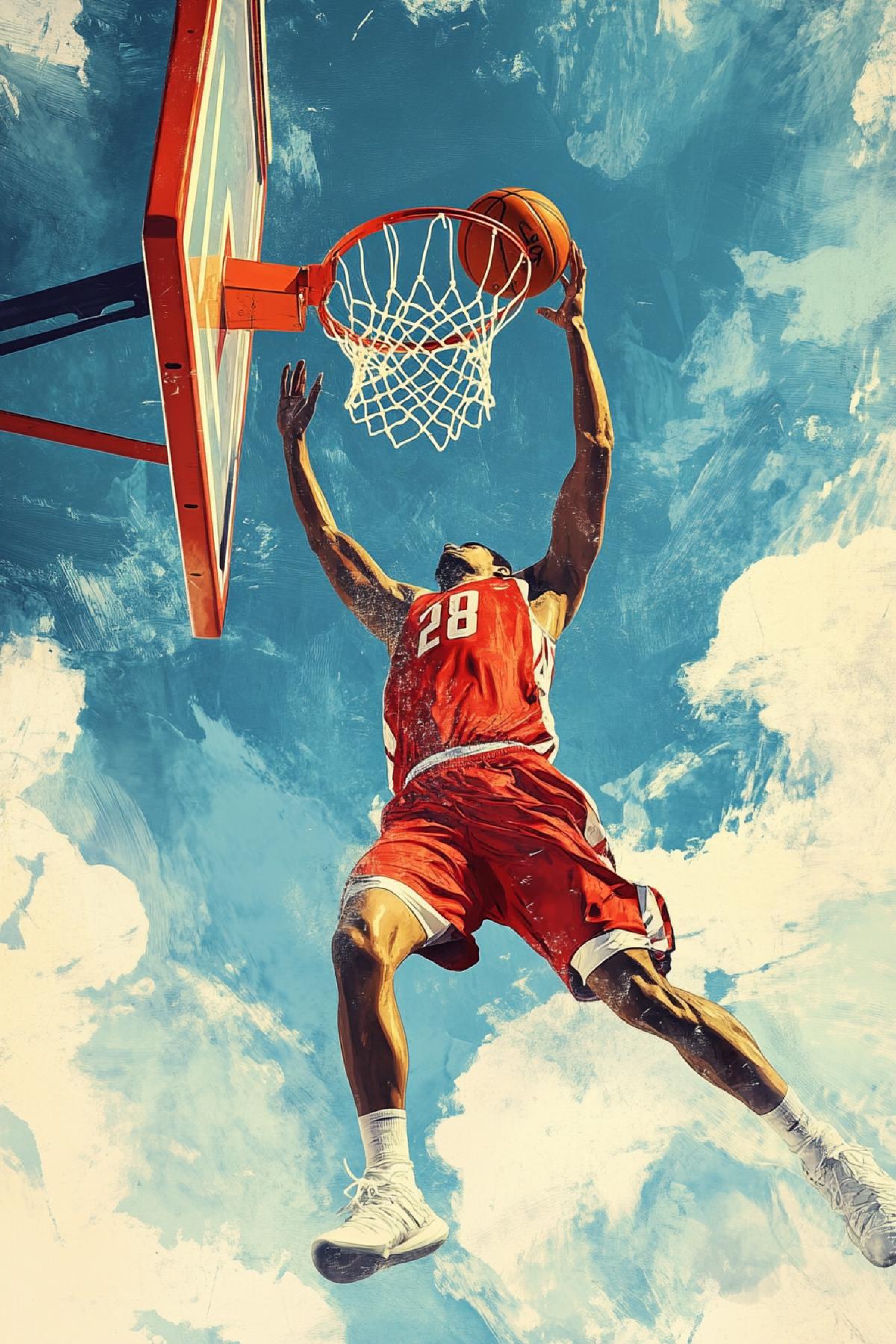 A basketball player throws a ball into a hoop, American style.