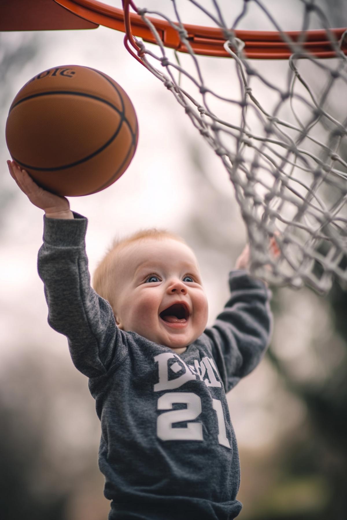 Baby basketball player scores the ball into the basket