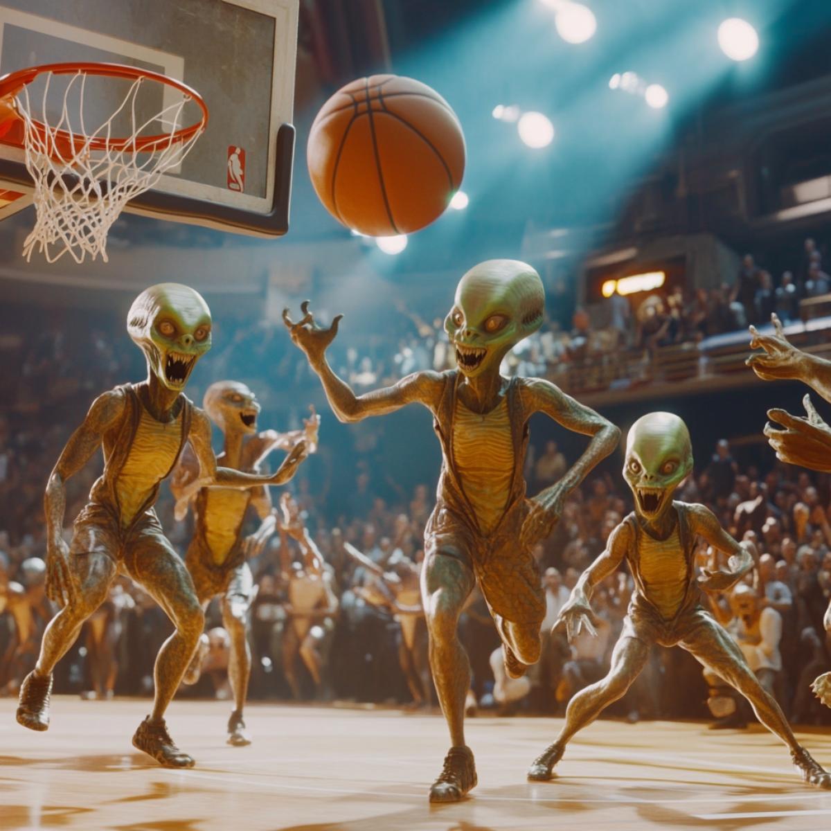 Aliens play basketball with humans. Dynamic game. Medium shot, you can see the cheering spectators in the stands. Fun. Spectators from different planets, different aliens. Hyperrealistic, HD