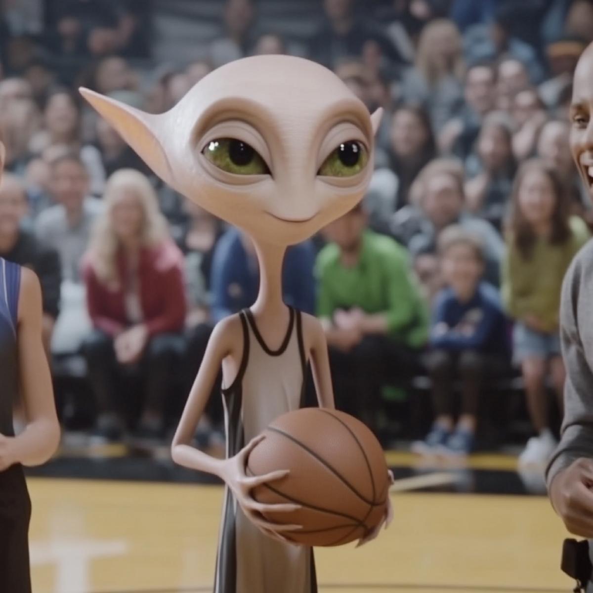 Aliens play basketball with humans. Dynamic game. Medium shot, you can see the cheering spectators in the stands. Fun. Hyperrealistic, HD