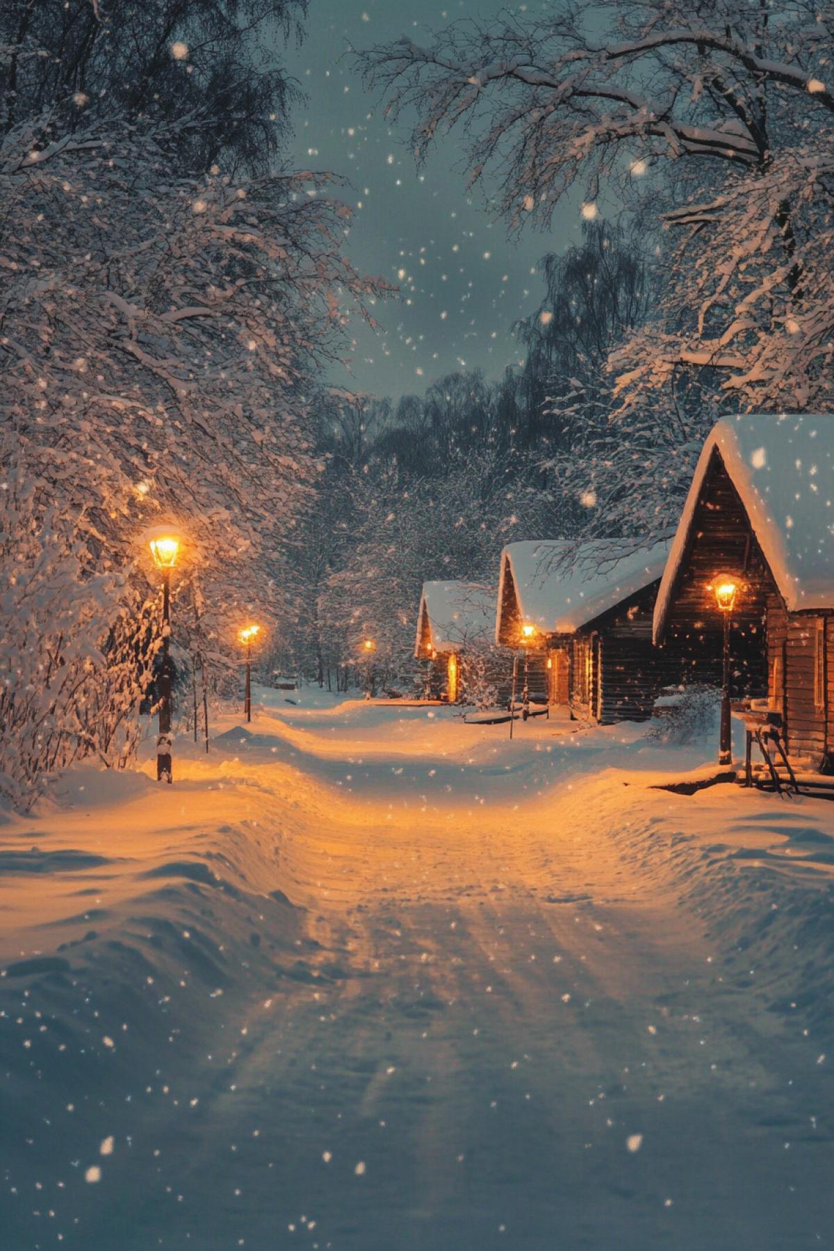 Evening village where the first snow fell
