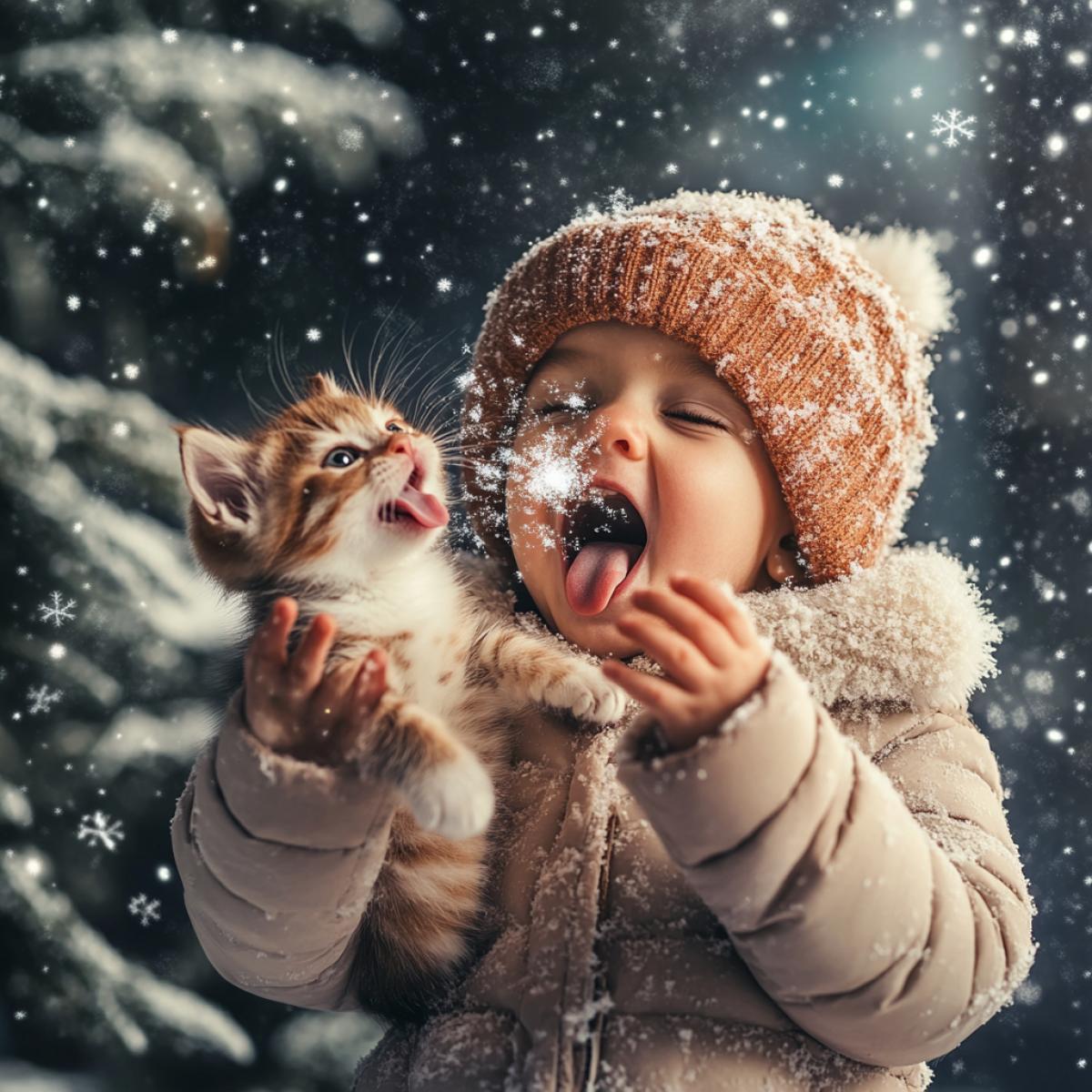 Child, language, snowflakes. The child holds a kitten in his hands and joyfully, opening his mouth, catches snowflakes with his tongue. Sleigh, Christmas tree, fairy tale and holiday atmosphere