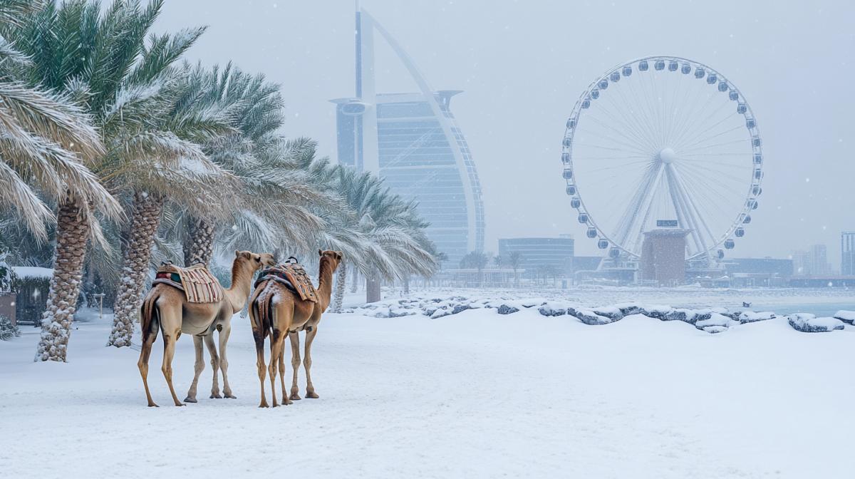 wide landscape orientation snowy scene , photograph style image, , Camels in the snow, its snowing, snowflakes, snowdrifts. Against the background of Dubai, Ferris wheel, Burj al arab hotel