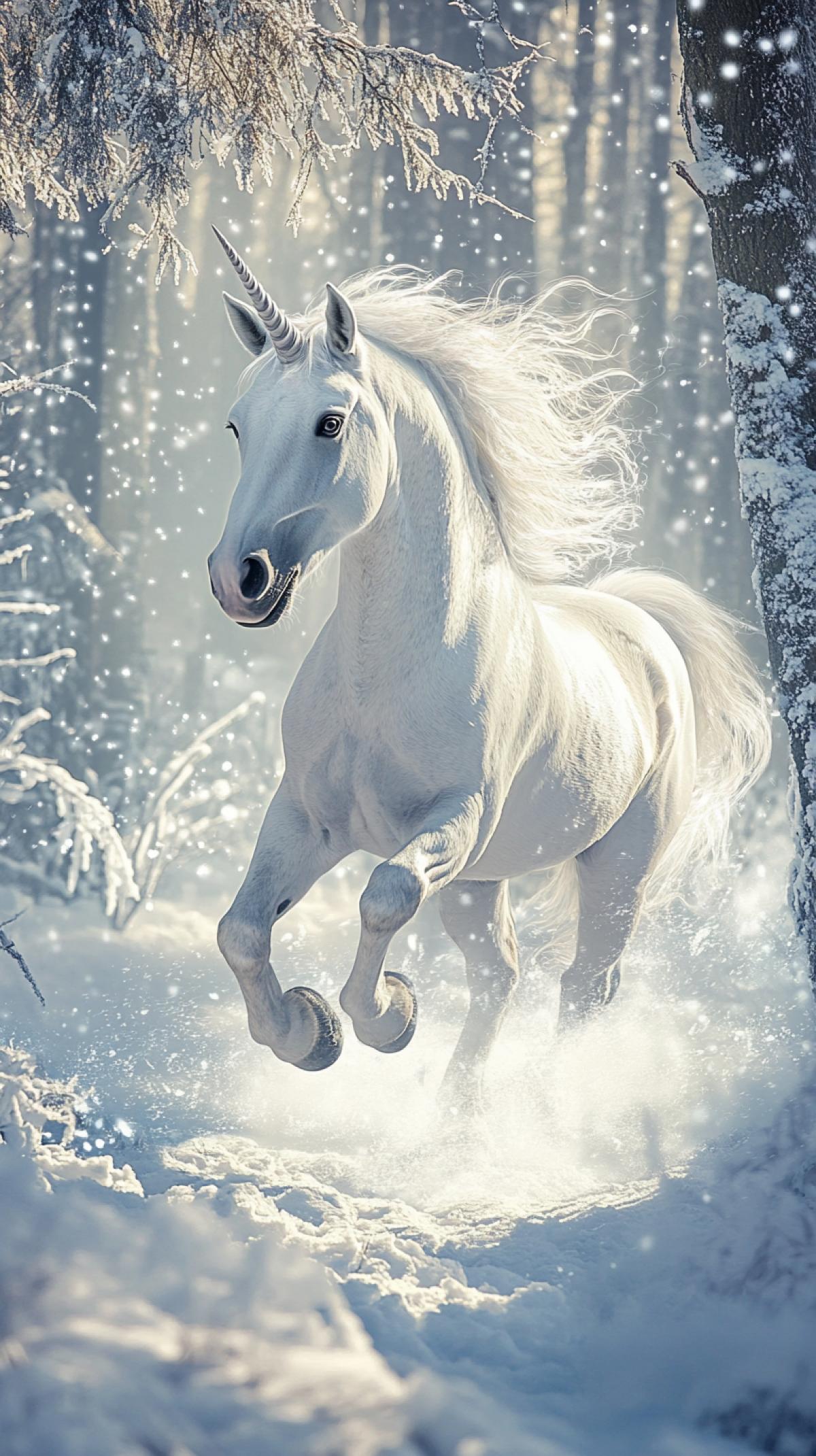 White unicorn in a fabulous snowy forest. Shine. Long shot, panorama