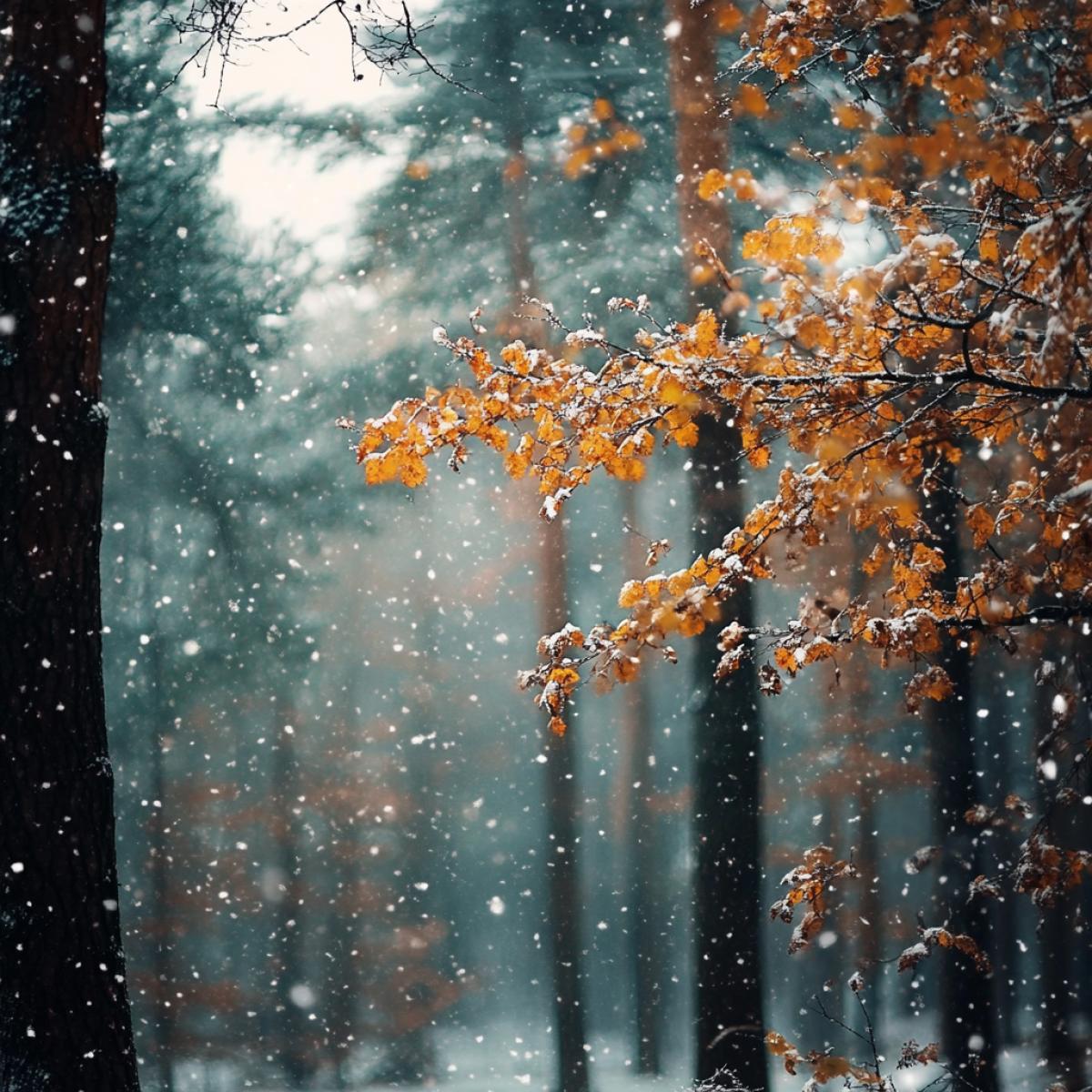 first snow falling in the forest
