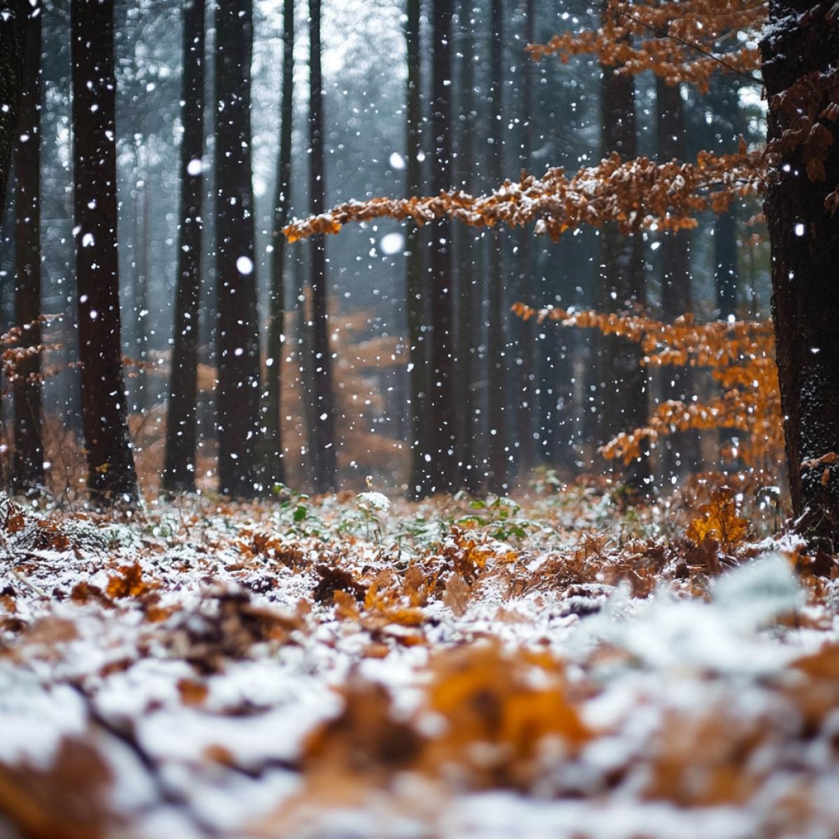 first snow falling in the forest