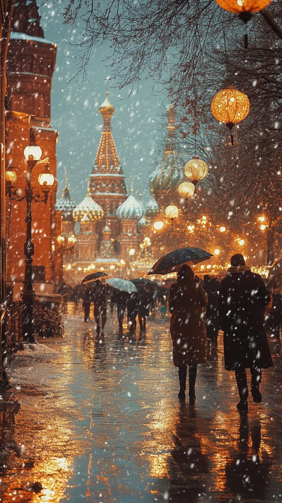 Moscow. Slush and first snow. People in coats and with umbrellas. Evening, lanterns, romantic mood
