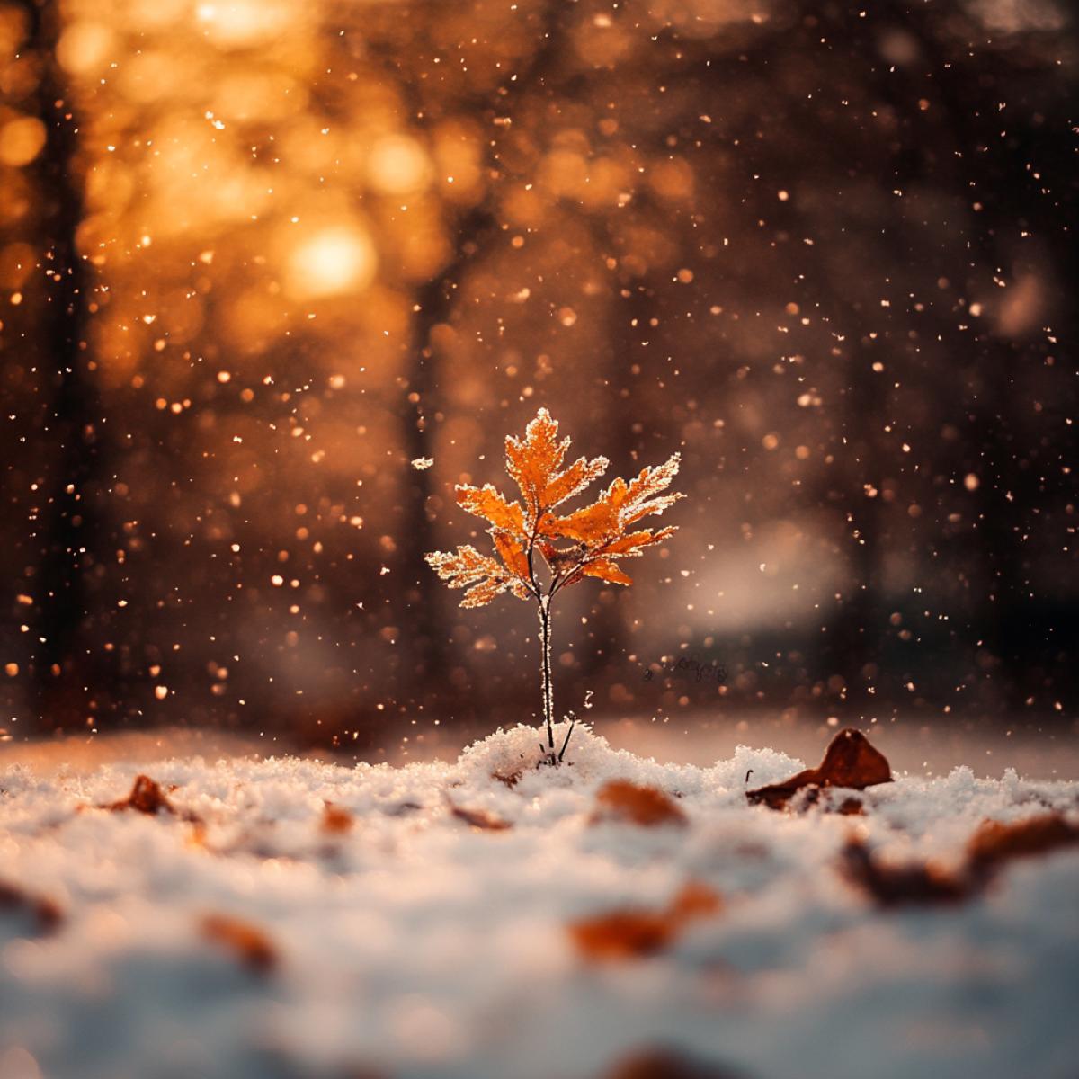 Realistic photo, the magic of the moment when the first snow falls on the ground